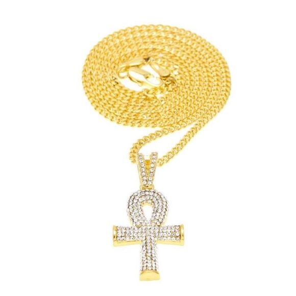 💝18k Gold 2 Necklaces Blue Sapphire Gemstone and Iced Out Gold Cross Pendant - Picture 4 of 5